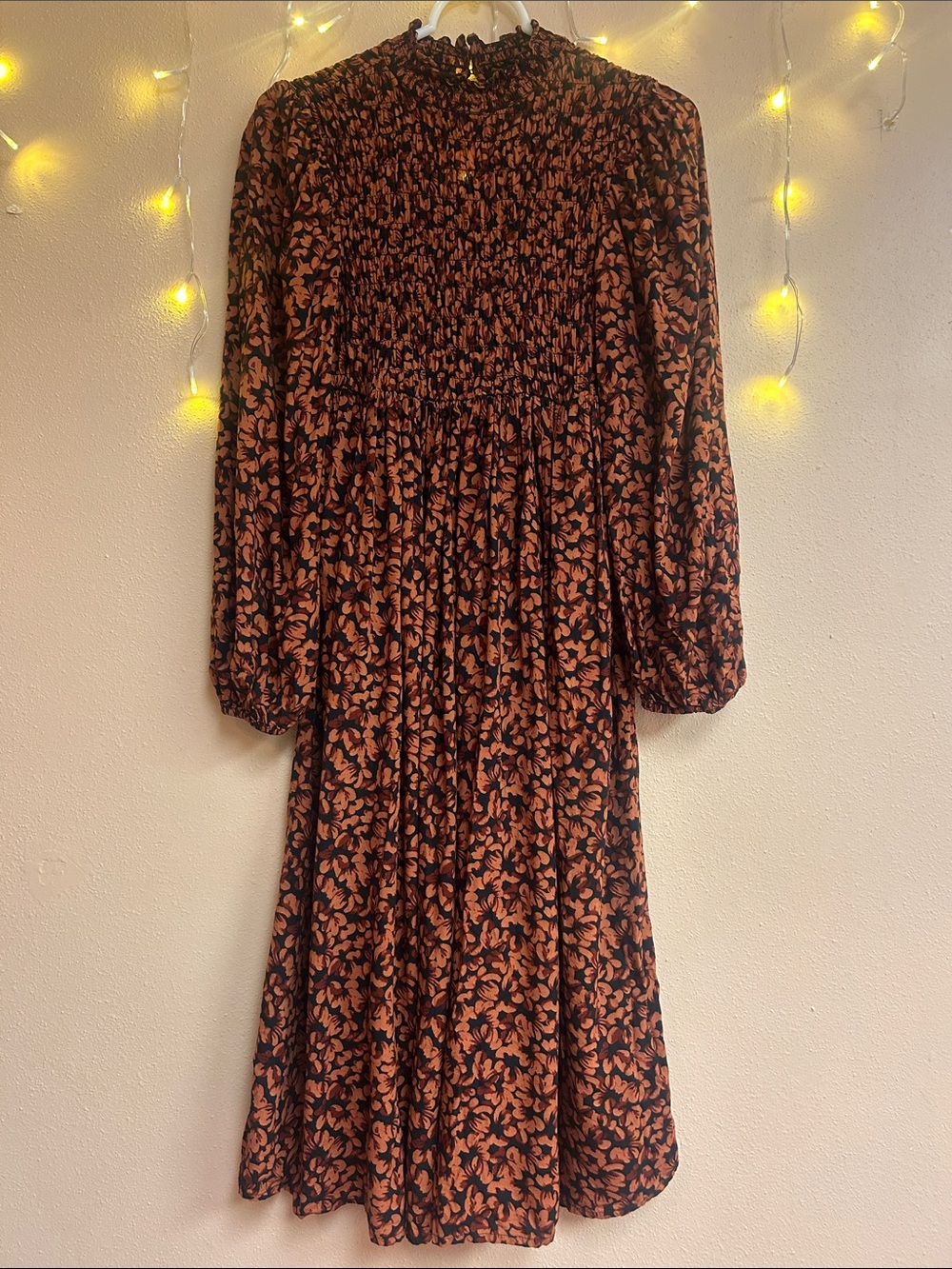 a new day Black Dress with terracotta autumnal floral print Long Sleeve Midi XS